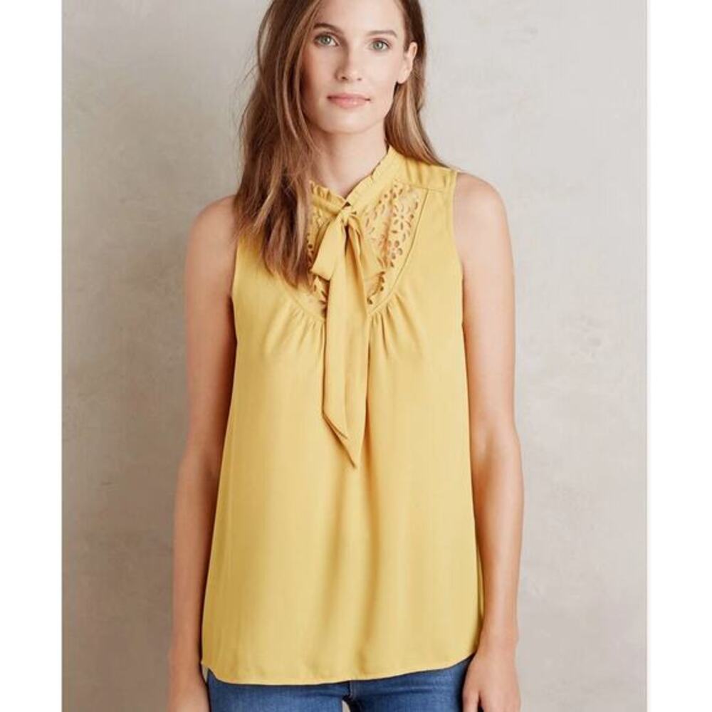 Anthropologie Luca Tie-Neck Blouse‎ by Maeve Medium 10 Yellow Laser Cut - Picture 1 of 8